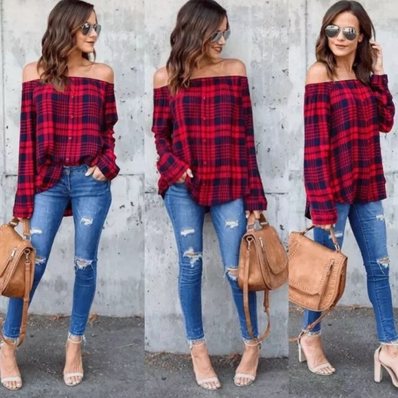 Tops - Plaid Flannel Print Off the Shoulder Button Shirt
